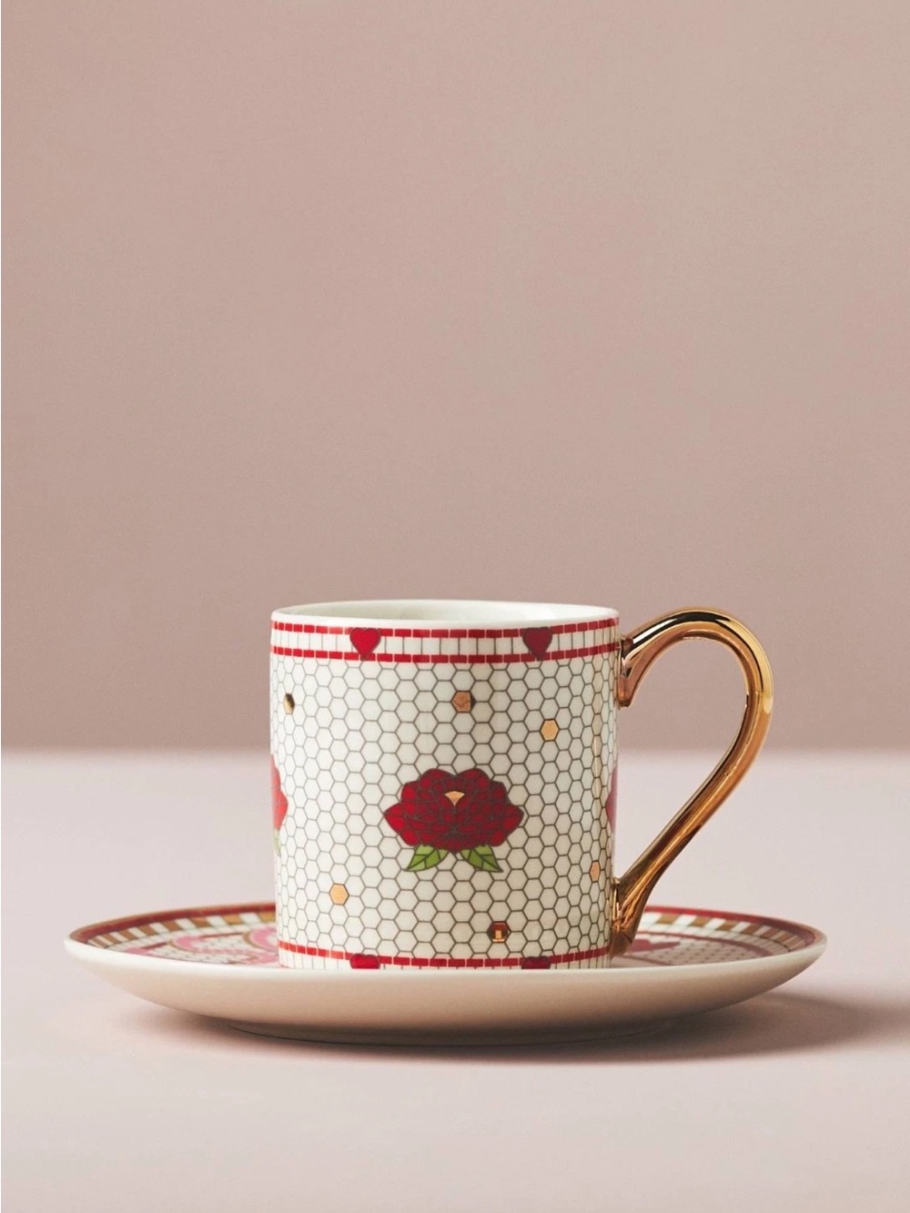 Anthropologie Bistro Tile Valentine's Espresso Cup & Saucer